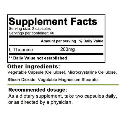 L-Theanine 200 Mg - Relieve Stress, Maintain A Calm and Relaxed Mood, Improve Concentration - 120 Capsules